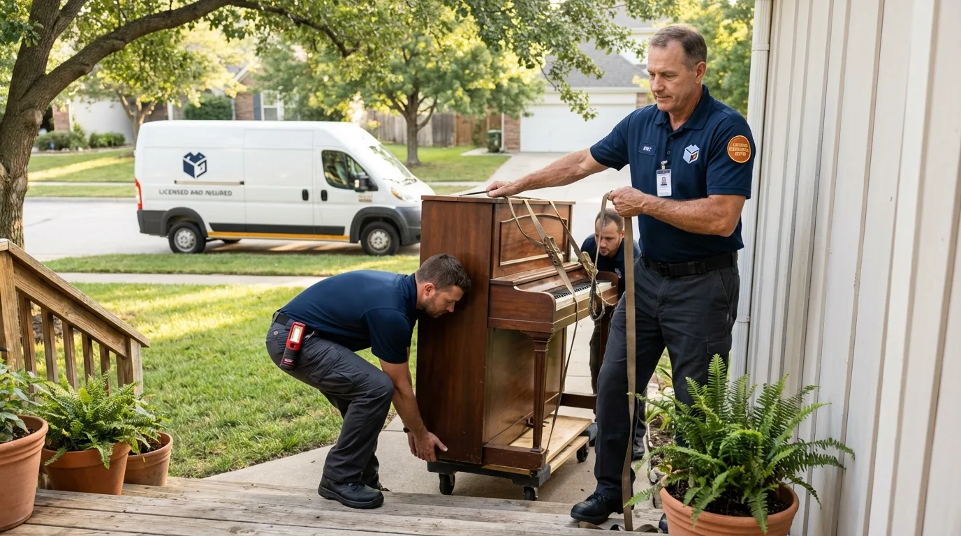 Licensed piano movers securing grand piano in Shelbyville, IL