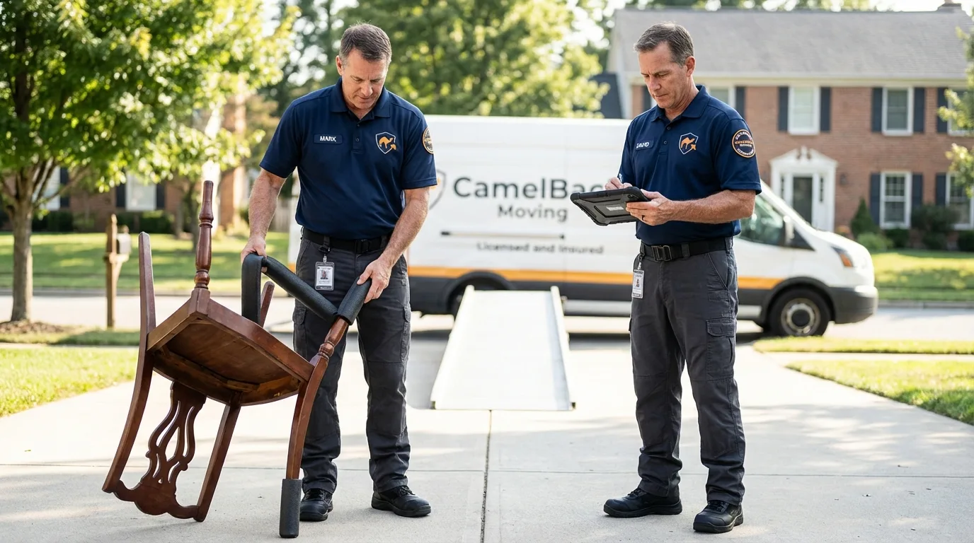 Movers inspecting furniture for damage prevention before loading in Shelbyville, IL