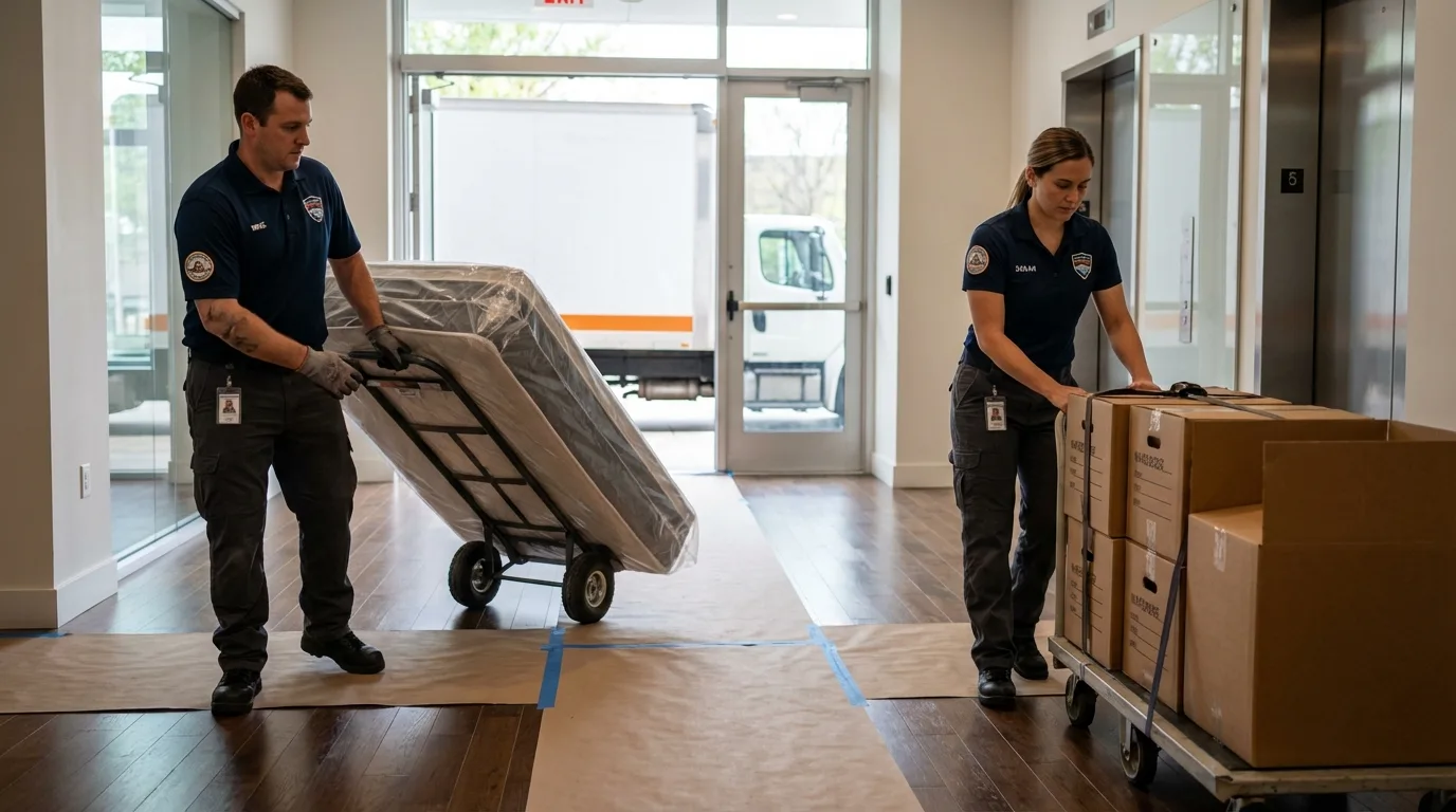 Professional apartment movers loading elevator in Shelbyville, IL