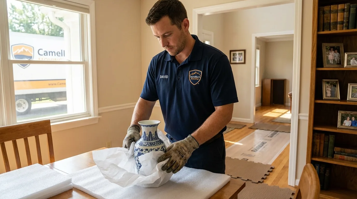 Professional crew carefully wrapping antique vase for senior downsizing move in Shelbyville, IL
